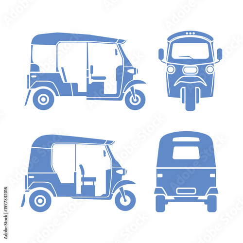 Set of blue tuk tuk or auto rickshaw in various views vector illustration with transparent background.