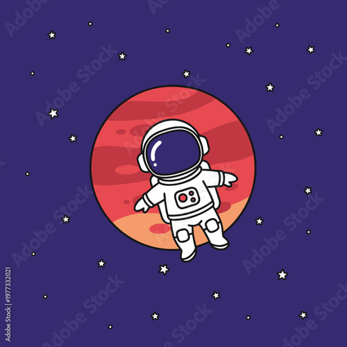 Flat vector illustration of a cosmonaut in a white space suit isolated on a dark starry sky backdrop
