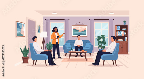 Group Therapy Session with Therapist and Patients.