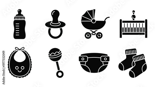 A collection of simple black silhouette icons depicting essential baby items like bottles pacifiers and a stroller high quality professional detailed
