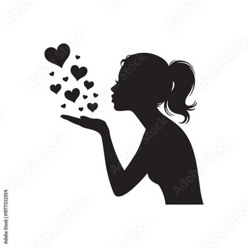Silhouette of a young woman blowing a cascade of black hearts from her cupped hands on a white background Keywords