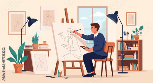 Man Painting on Canvas in Studio.