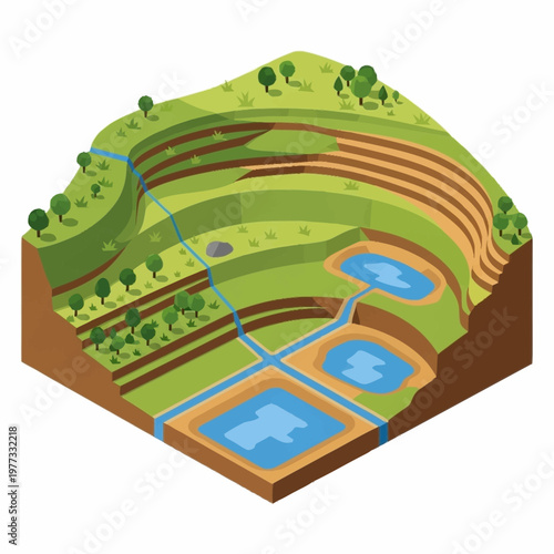 Isometric Diagram of Open Pit Mine with Water Management System.