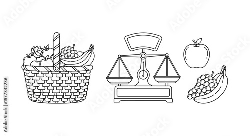 Fresh fruit and kitchen scale illustration.
