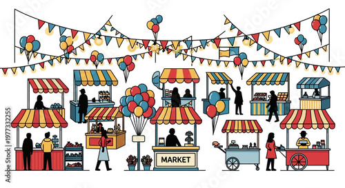 Colorful Market Stalls and People Shopping.