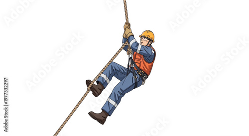 Man climbing rope with safety gear.