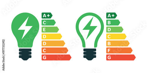 Energy efficiency rating label vector with light bulb icon set for eco performance scale sustainability indicator and home energy classification design
