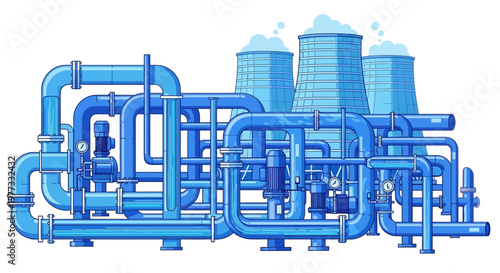 Industrial blue pipe system infrastructure.