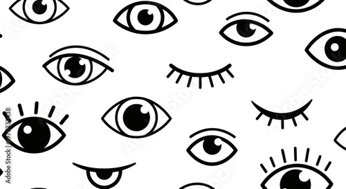 Seamless Pattern of Minimalist Eye Icons in Various Styles and Expressions.
