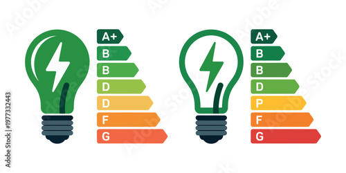 Energy efficiency rating label vector illustration with light bulb icons for energy scale classification sustainability performance and eco friendly design elements