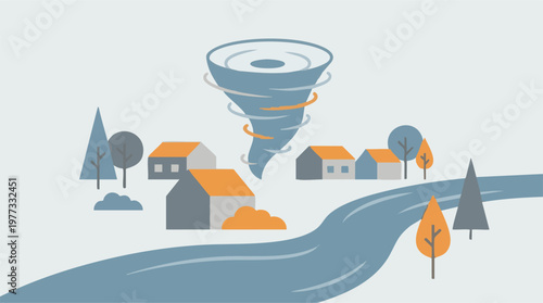 Minimalist illustration of a tornado natural disaster over a town