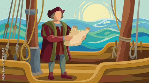 Historical Explorer on Ship Deck with Map Nautical Illustration