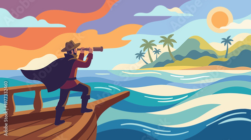 Explorer Looking Through Spyglass at Tropical Island Illustration