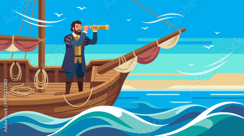 Historical Sea Captain Looking Through Spyglass on a Wooden Ship