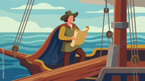 Historical Explorer on Sailing Ship Holding Map Flat Illustration