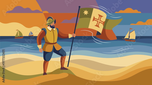 Historical Explorer with Flag on Shore Illustration