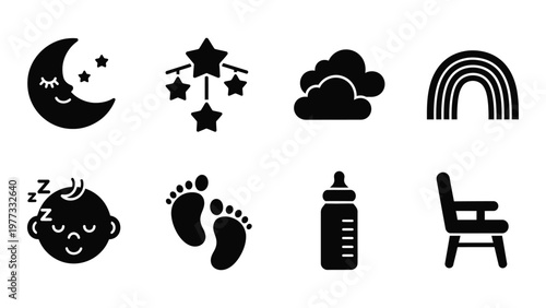 A collection of black silhouette icons depicts baby related elements like a moon stars rainbow and nursery items high quality professional