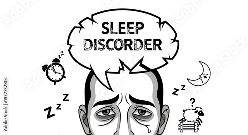 Sleep Disorder Concept Illustration with Tired Man and Insomnia Symptoms
