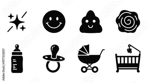 A collection of black silhouette icons representing baby related items expressions and decorative elements high quality professional detailed modern elegant stylish