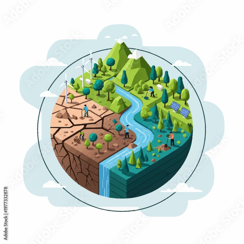 Isometric illustration of environmental change and climate impact on Earth.