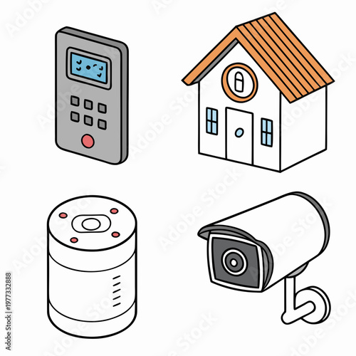 A vector graphic illustration of home security devices and a house