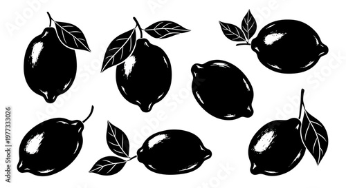 Set of Black Silhouette Lemons with Leaves Isolated on White Background.