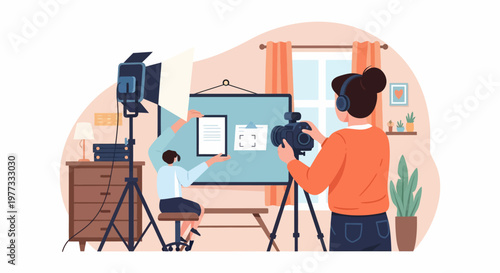 Woman Photographing Person in Studio Setting.