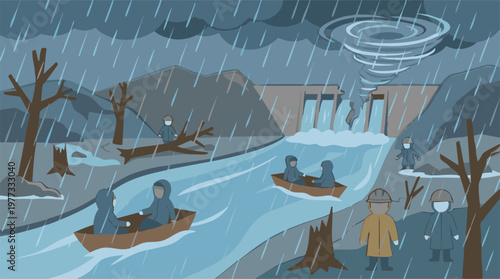 Illustrative scene of a natural disaster: heavy rain, tornado, dam, and rescue