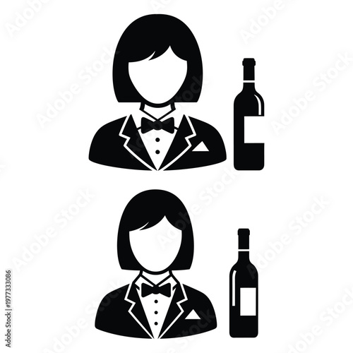 Elegant waiter and wine bottle icons black and white hospitality symbols