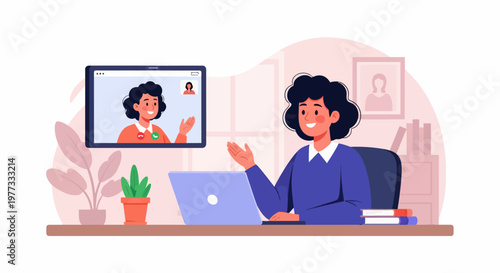 Woman Video Conferencing on Laptop at Desk.