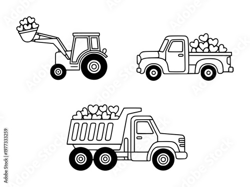 Black and white line of a tractor loading hearts into a pickup truck and a dump truck filled with hearts