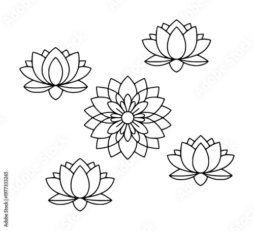 Black Outline Lotus Flowers and Mandala White Background