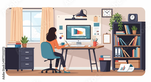 Woman Working on Computer at Desk.