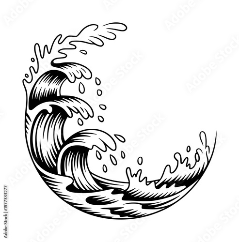 Black and white stylized wave with water drops a white background ocean splash