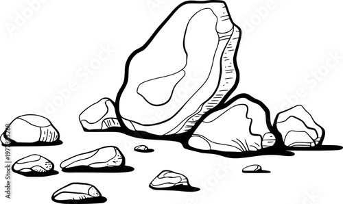 Hand Drawn Black And White Of Various Smooth Rocks A White Background stone pebble