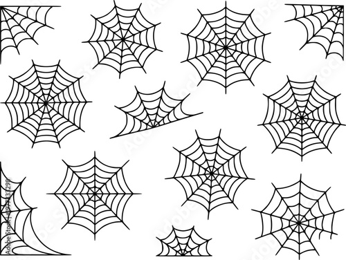 Collection of black spider web outlines a white background for Halloween spiderweb