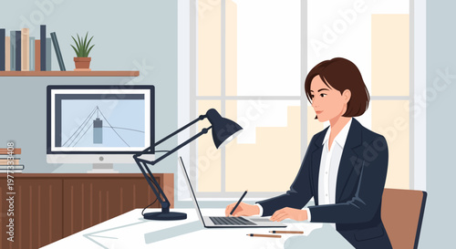 Woman Working on Laptop at Desk.