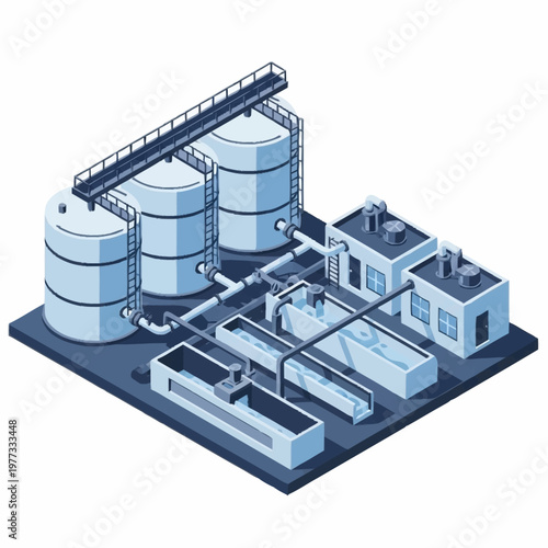 Isometric Industrial Water Treatment Plant Illustration.