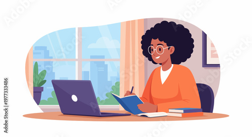 Young Woman Working on Laptop at Desk.