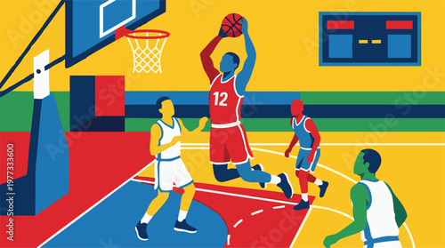 Dynamic illustration of basketball players in action on the court