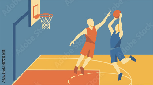 Minimalist flat design illustration of basketball players in action on court