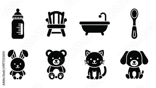 A collection of black silhouette icons depicting baby items including toys furniture and hygiene products high quality professional detailed modern elegant