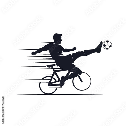 A sharp, dynamic silhouette of a soccer player performing a bicycle kick. The motion is represented by stylized geometric speed lines. Minimalist composition with a focus on form and movement on