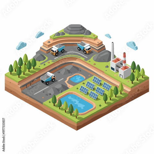 Isometric view of sustainable energy production and industrial site.