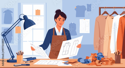 Fashion Designer Working on Sketch at Desk.