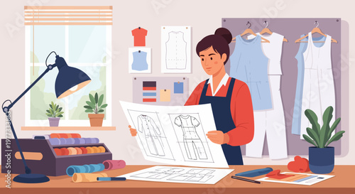 Fashion Designer Working on Sketch in Studio.