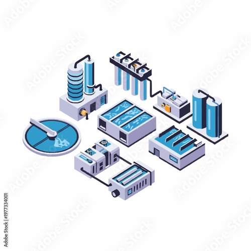 Isometric Water Treatment Plant and Purification System Illustration.