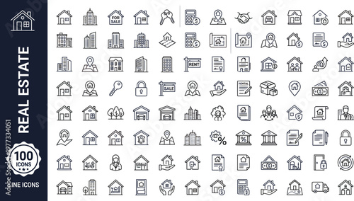 A collection of 100 line icons related to real estate, including houses, people, and property symbols. Ai, eps, jpg, transparent background, png