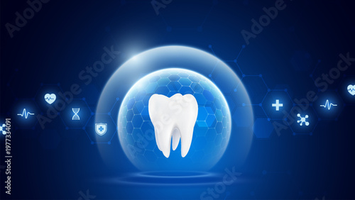3D realistic vector healthy glowing tooth. Dental care, protection and whitening. Dental care, taking care of teeth. Dental servises. Dentistry, Orthodontic concept. 3D Tooth with shine backgroud