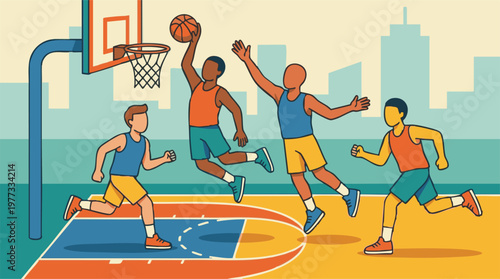 Street basketball game with diverse male players on urban court